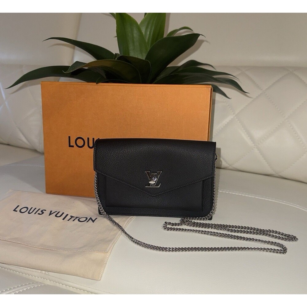 Louis Vuitton Mylockme Black Shoulder Bag Chain Strap Logo Turn Lock Women's